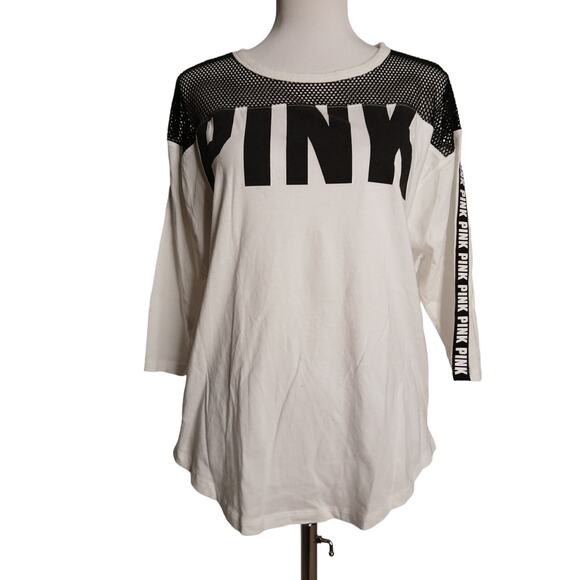 PINK Victoria's Secret Mesh Jersey T-Shirt Slouchy Drop Shoulder 3/4 Sleeve S - Picture 1 of 9